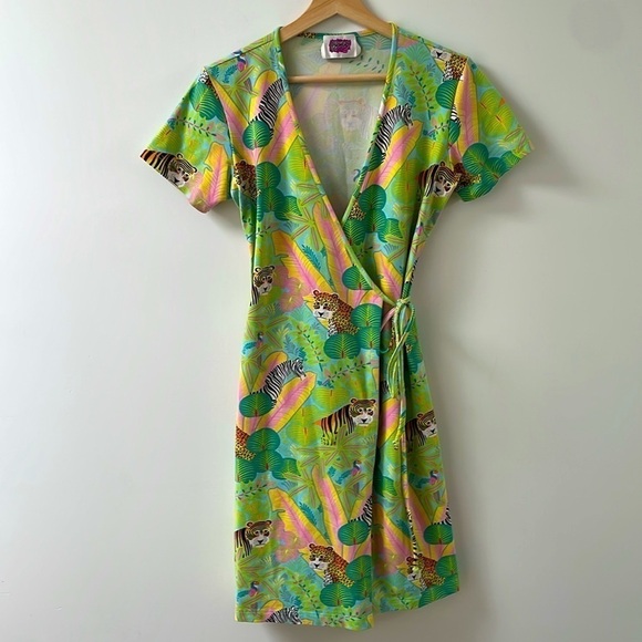 Leggiadro Jungle jersey Wrap Dress Stretch Lycra Tiger Zebra shortsleeve green M - Picture 1 of 12
